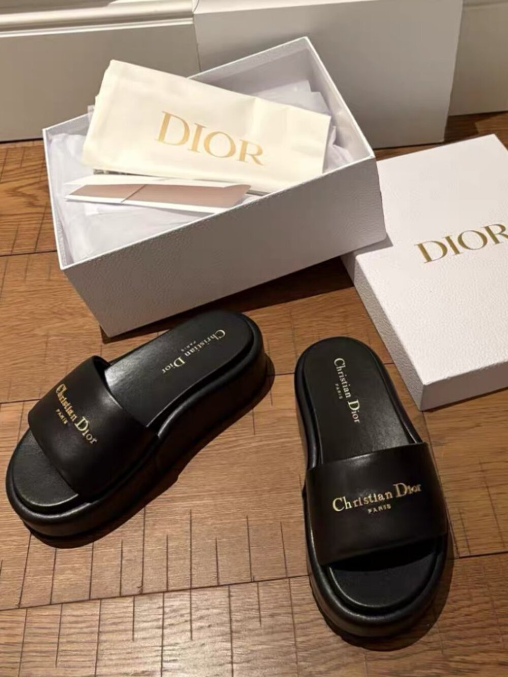 Dior Black Leather Gold Logo Platform Slide Sandals